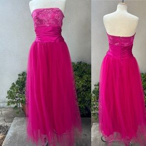 Vintage Gunne Sax raspberry pink long dress tulle lace satin strapless 9/10 Sm